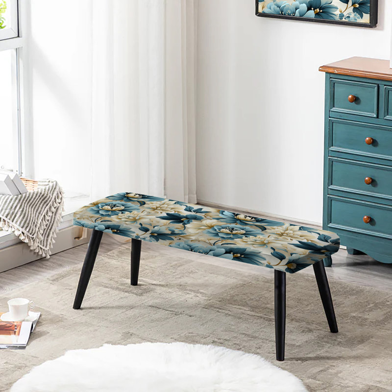Banc rembourré floral noir Truong, Blue And White Peonies Damask Flowers