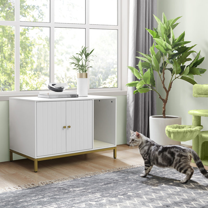 Litière moderne pour chat cachée avec tapis à griffer, Blanc