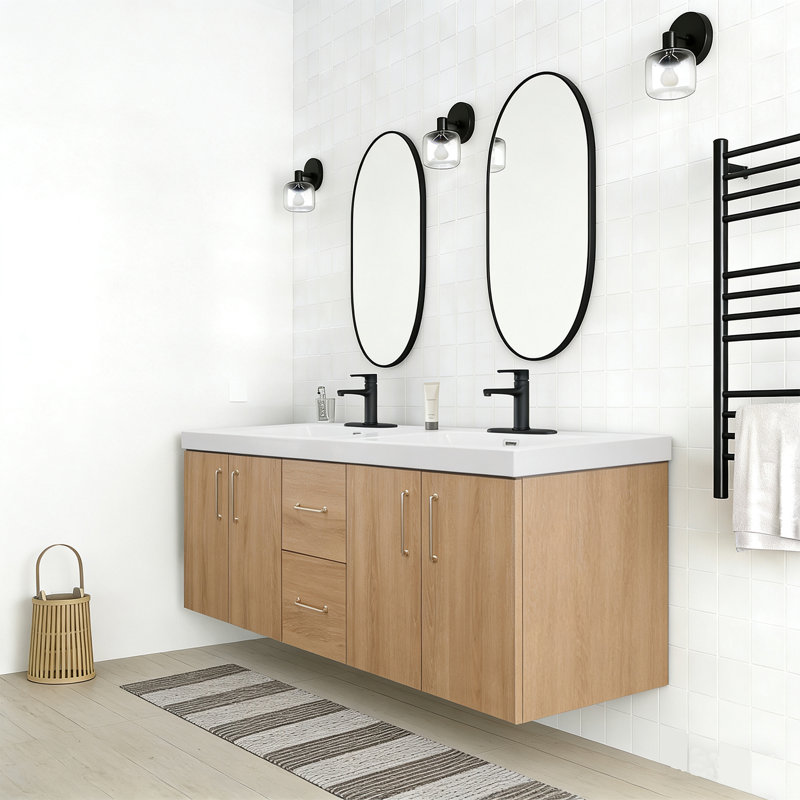 Ensemble de meuble-lavabo mural 60 po avec poignées dorées et lavabos doubles, 60"