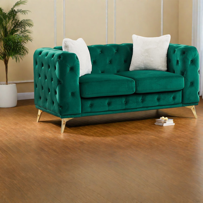 Canapé à compression, velours vert, Chesterfield