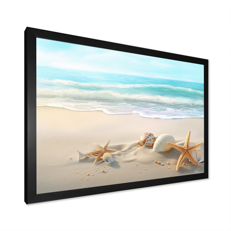 Étoile de mer et coquillages I - art mural moderne grande plage, Cadre noir, H 12 po x l 20 po x P 1 po