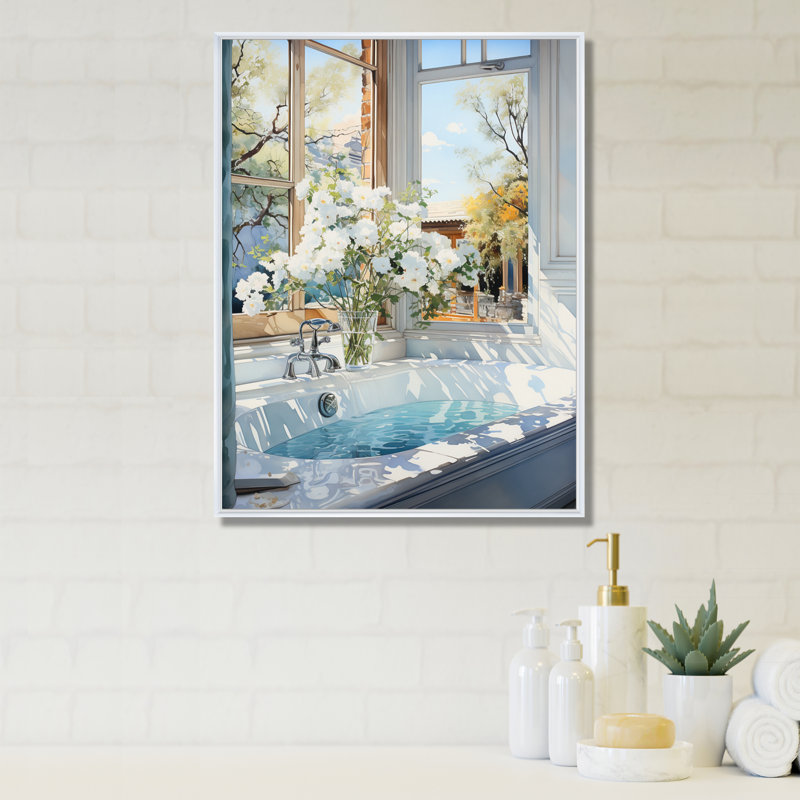 Bathroom Tranquil Reflections VI - Art mural encadré pour salle de bain, H 44 po x l 34 po x P 1,5 po, Cadre flottant blanc