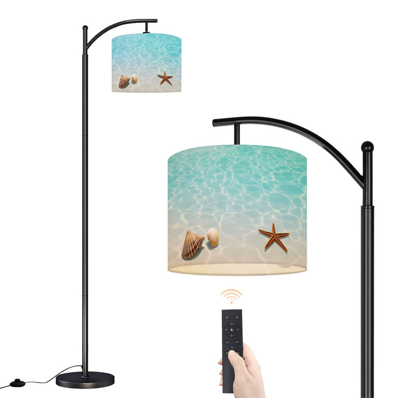 Arc Floor Lamp with Adjustable Lampshade Seashells Starfish Clear Ocean Water Sandy Coastal Summer Standing Lamp 3 Color Temperatures Dimmable Tall Pole Lamp with Foot Switch for Bedroom