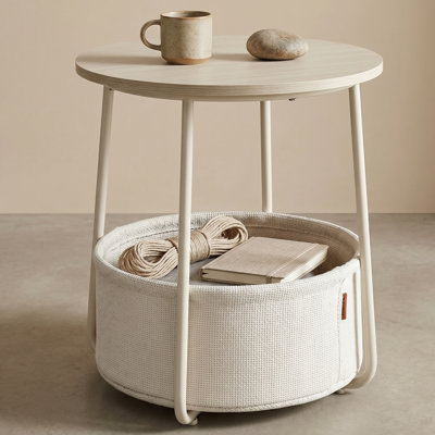 Small Round Side End Table - Modern Nightstand With Fabric Basket, Cream White