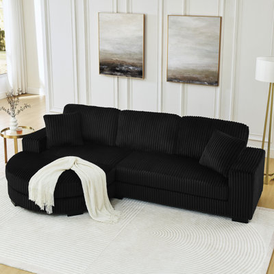 Velours côtelé modulaire en L noir avec coussins de dossier confortables, structure en bois franc et canapé-lit modulaire avec repose-pieds arqué amélioré