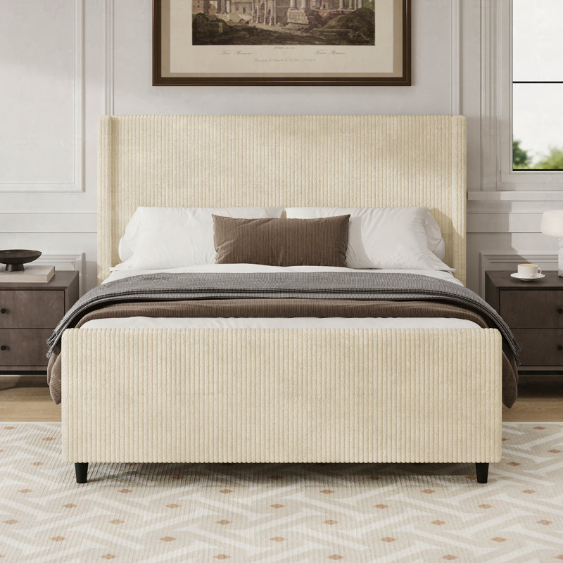 Headboard Corduroy Upholstered Bed Frame with Vertical Stripe Wingback and High Footboard No Box Spring Needed, Cream, King
