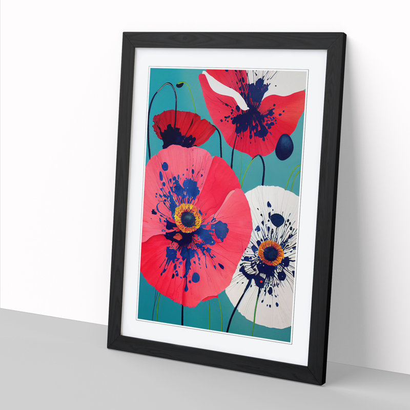 Poppy Flower Splatter Vol.2 - Single Picture Frame Painting, 64cm H x 46cm W x 2cm D, Oak