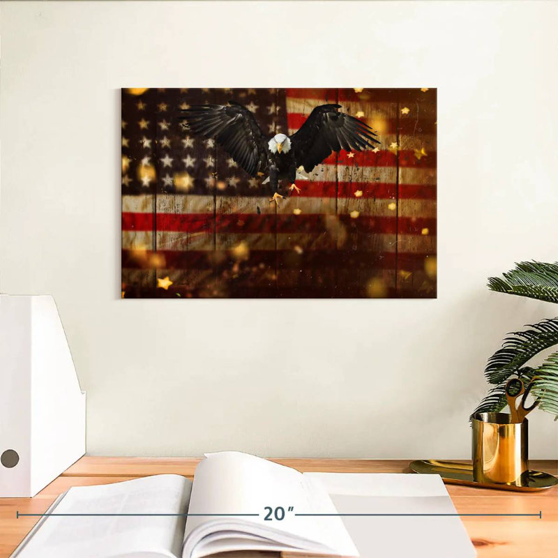Brampt US Flag With Flying Bald Eagle, 8" H x 12" W
