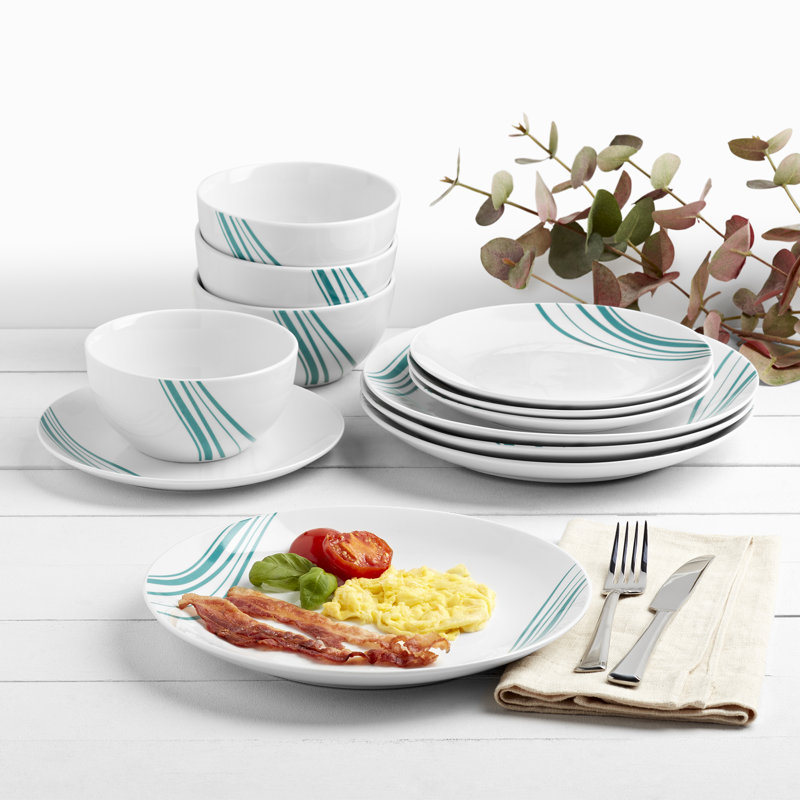 Marina White and Teal Porcelain 12-Piece Dinnerware Set, Service for 4
