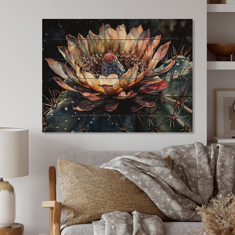 Fleur de cactus brun-vert II sur bois, H 10 po x l 20 po x P 0,78 po