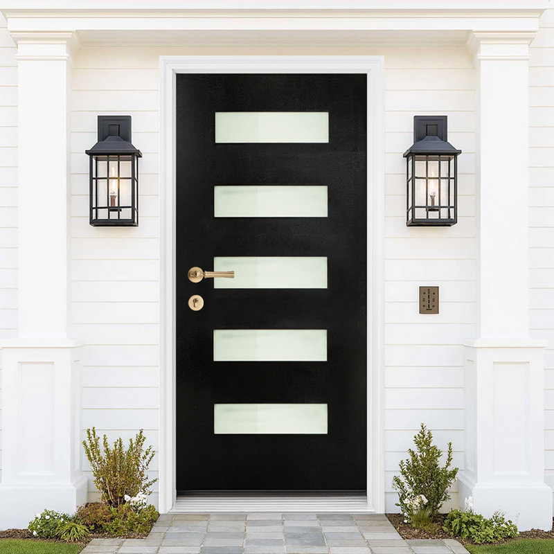 Porte d'entrée modulaire noire en fibre de verre 36 po x 80 po, de style moderne, convenant aux portes avant résidentielles, à charnière gauche, à ouverture vers l'intérieur, avec cadre de porte en vinyle blanc