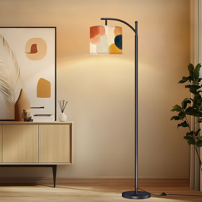 Lampe sur pied à arc avec abat-jour réglable formes aquarelles abstraites tons chauds lampe sur pied à pois 3 températures de couleur à haut gradateur avec interrupteur au pied pour la chambre à coucher