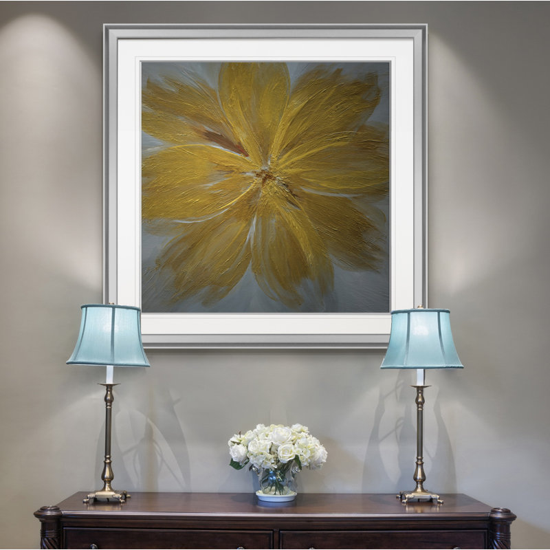 « golden blue », peinture, Encadrement argenté, H 16 po x l 16 po x P 1,5 po