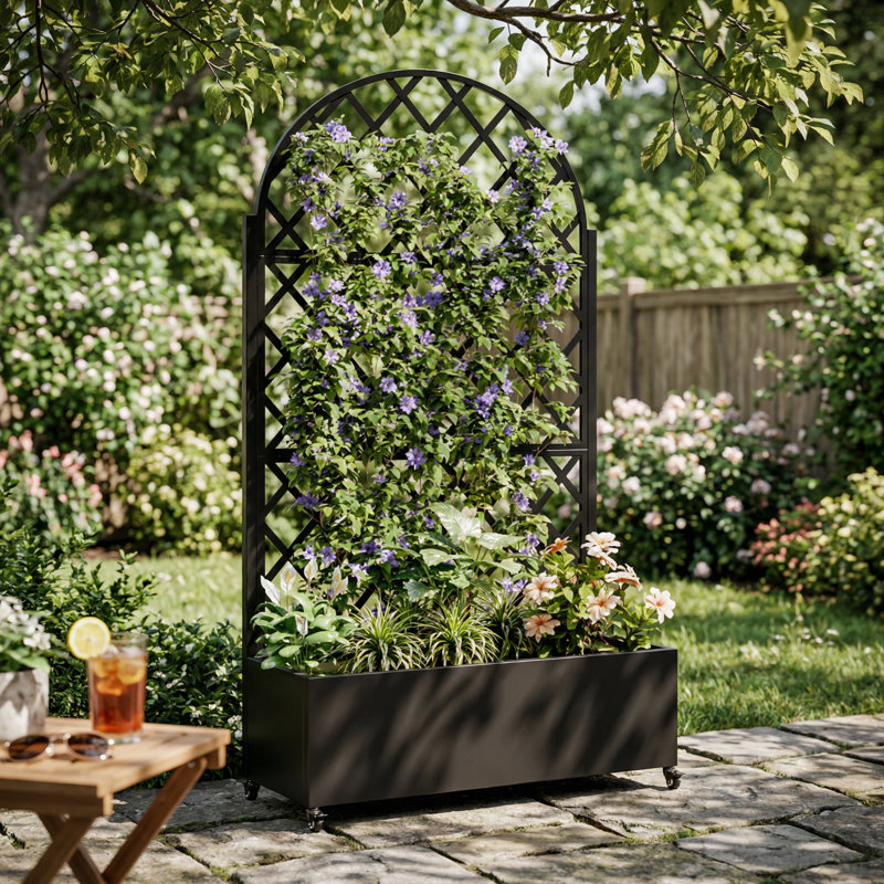 Large Round Metal Planter Box with Integrated Trellis and Privacy Screen, Elevated Garden Bed with Drainage Holes and Lockable Wheels for Climbing Plants, Vegetables, and Vines