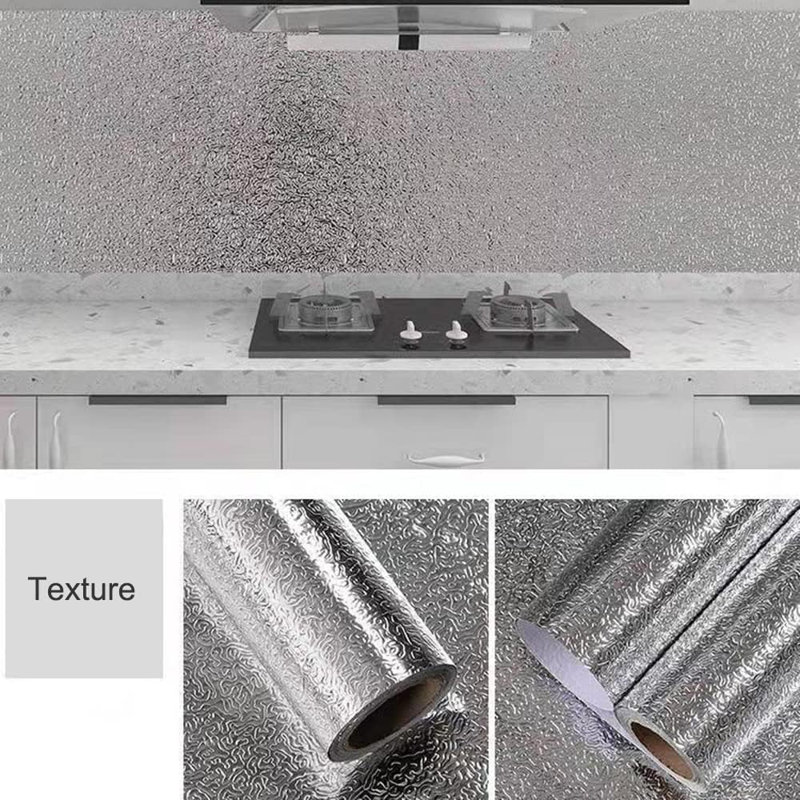 Papier peint argenté à texture de papier d'aluminium, autocollants de dosseret auto-adhésifs imperméables à l'huile (15,7 po x 394 po)