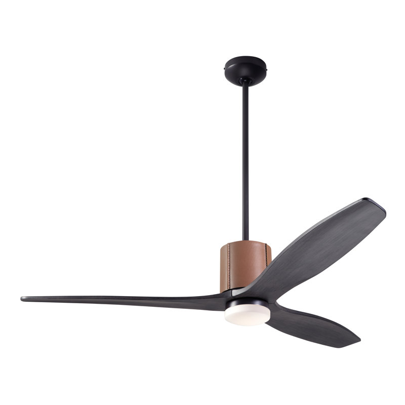LeatherLuxe LED Downrod Ceiling Fan, Ebony, Wall/Remote Combo Controls, Dark Bronze/Tan