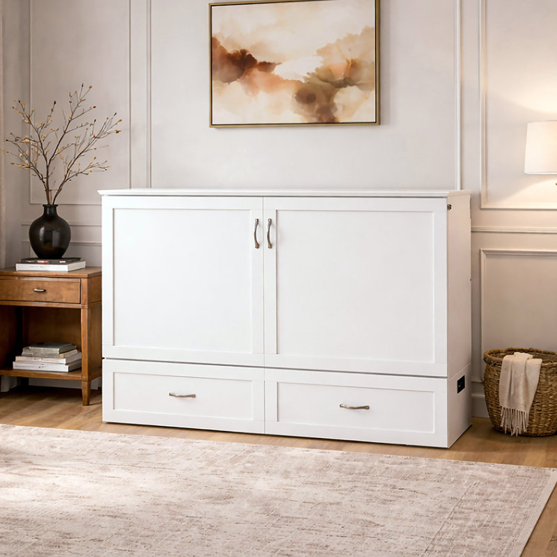 Atiyah Murphy Bed Chest with 6" Mattress, Storage and Built-in Charger, Queen, White