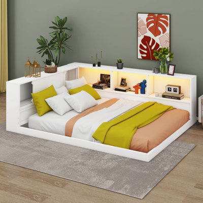 Queen Size Wooden Daybed With Integrated Storage Shelves, L-Shaped Corner Bed Equipped With USB And LED Lights
