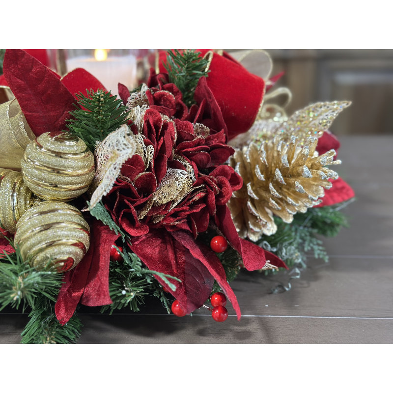Holiday Candleholder Centerpiece with Hydrangeas, Ornaments and Decorative Leaves