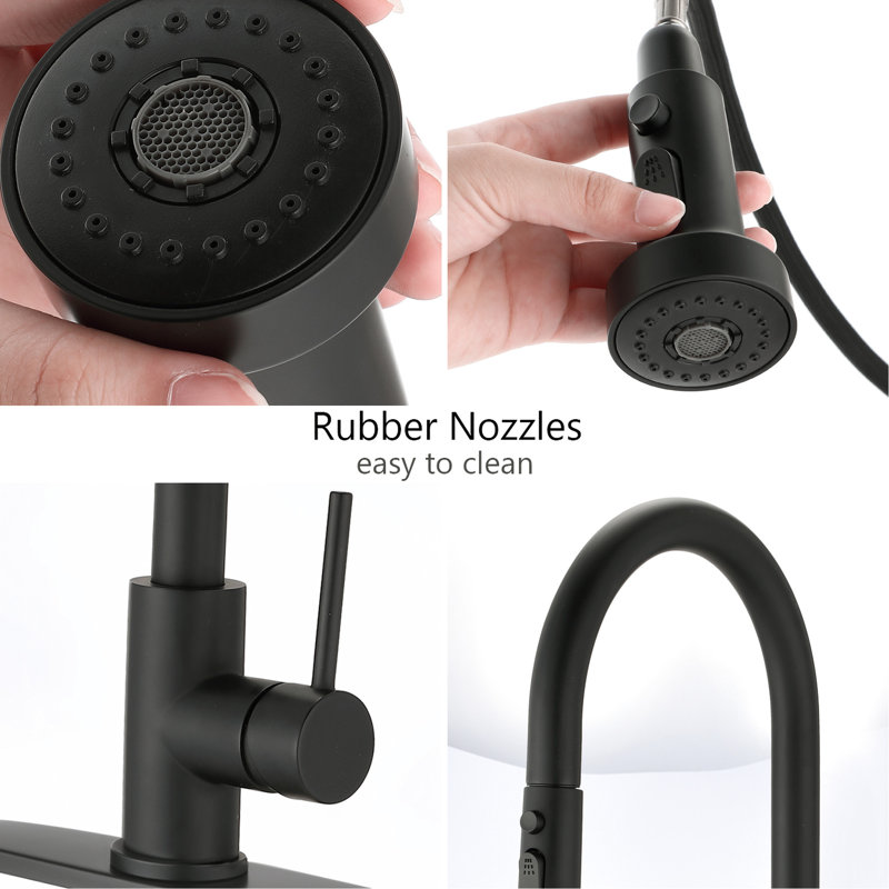Robinet de cuisine rétractable noir mat - Fabrication en acier inoxydable, anti-rayures et rouille, bec rotatif à 360 °, fonction de jet avec fonction de pause antirouille, anti-rayures, bouton pivotant pour