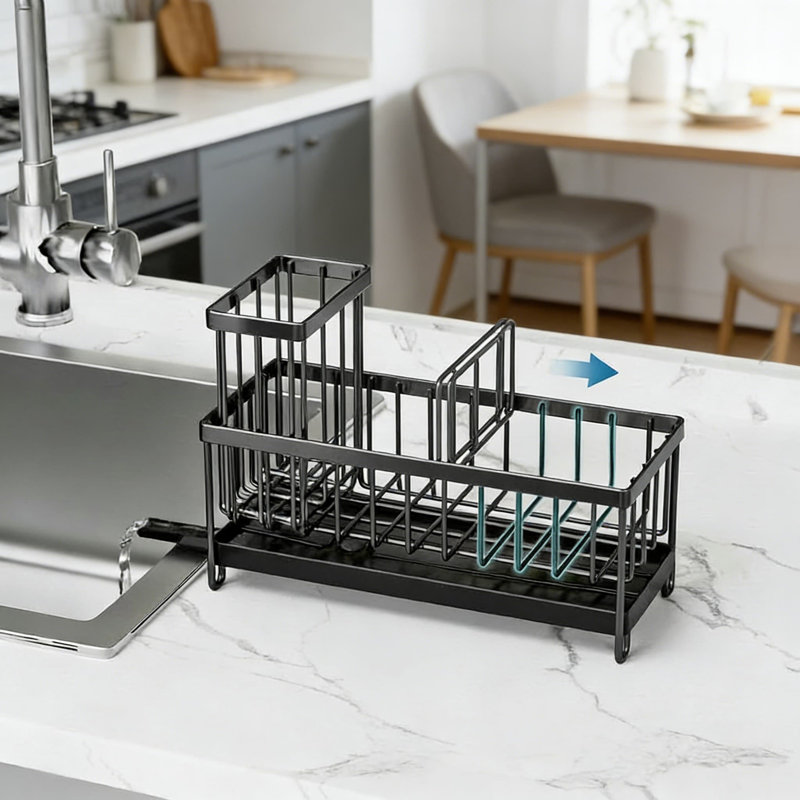 Organisateur d'évier de cuisine avec vidange automatique, chariot d'évier en acier inoxydable avec séparateurs réglables, grand porte-brosse et support à vaisselle pour comptoir