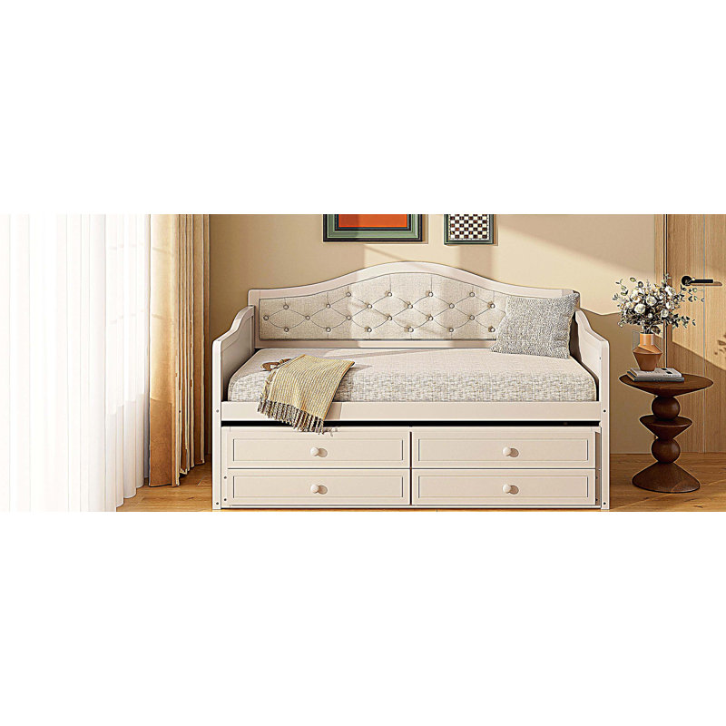 Twin Size Daybed with Trundle and 2 Storage Drawers, Wooden Sofa Bed with Upholstered Button Tufted Backrest, Beige
