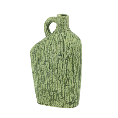 8.5X4X14" Asymmetrical Green Ceramic Vase With Handle And Organic Texture