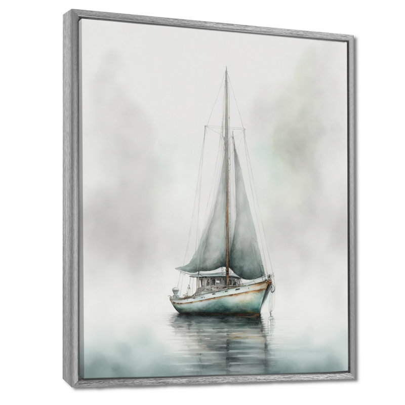 Voilier ancré dans le brouillard - art mural bateau côtier, H 20 po x l 12 po, Encadrement argenté