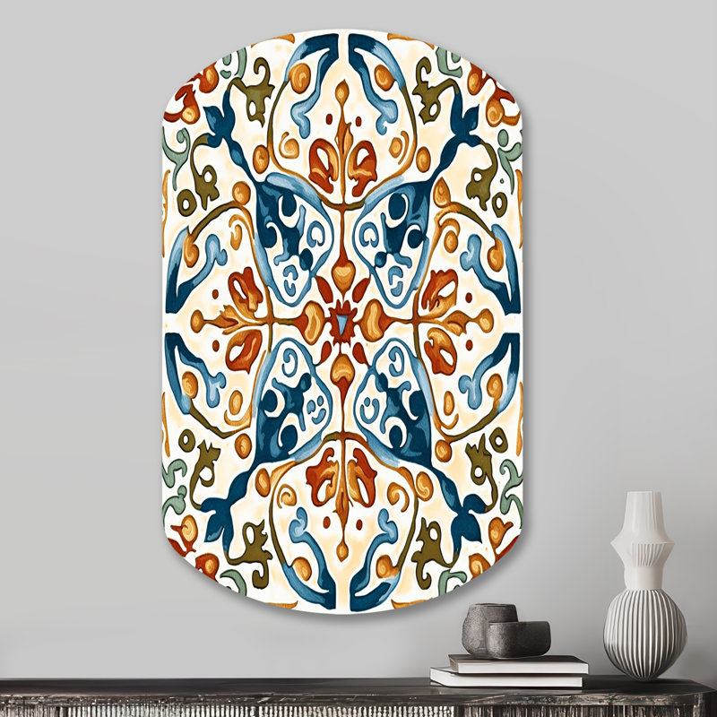 «Méditerranée Tiles In Retro Blue III», art mural asymétrique en forme de cylindre, H 31 po x l 19 po