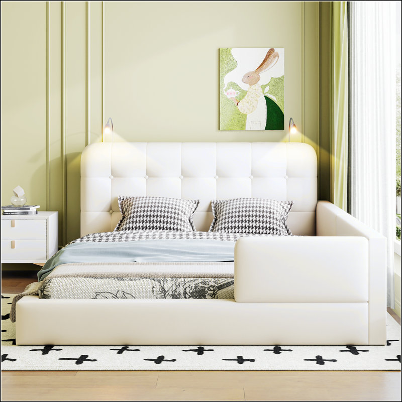 Grand lit plateforme tapissier avec 2 lampes de lecture, Noir