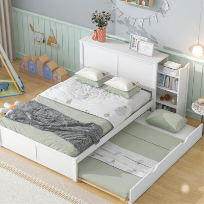 Lit plateforme double avec rangement pour tablette et lit gigogne simple en blanc