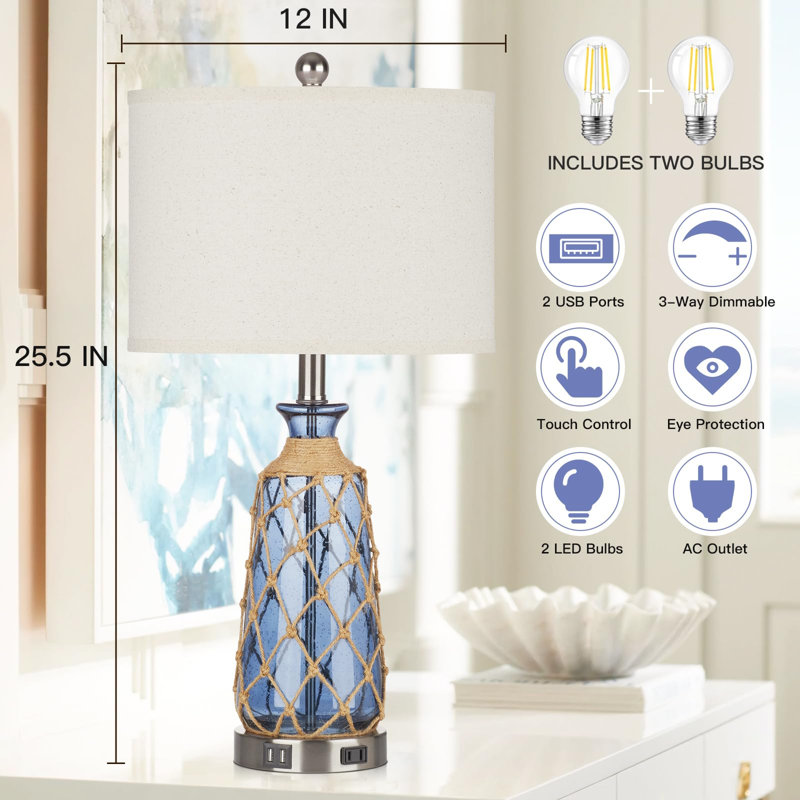 Table Lamps Set Of 2 With Usb Charging Ports, 3-Way Dimmable Touch Control, Led Bulbs, Glass Design For Bedroom, Living Room