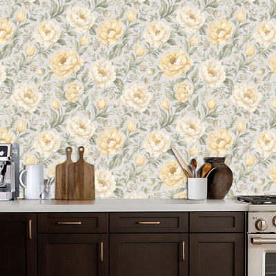 Peler et coller le papier peint adhésif de style pivoines blanches et élégantes de style botanique rétro mural auto-adhésif amovible pour les armoires de cuisine de chambre à coucher 24 po x 118 po