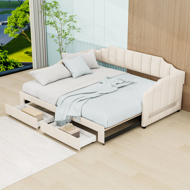 Twin XL Linen Extendable Upholstered Daybed with LED Lighting and Storage Drawers, Beige
