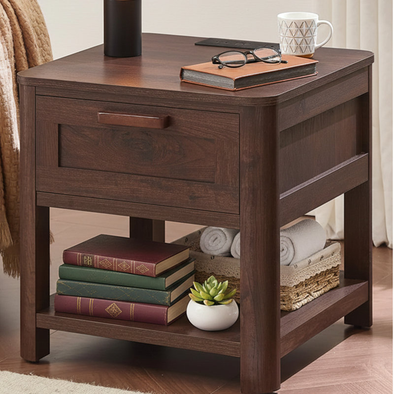  Table de chevet carrée 20 po avec station de charge USB-C et tiroir, table de chevet en bois foncé avec tablette ouverte