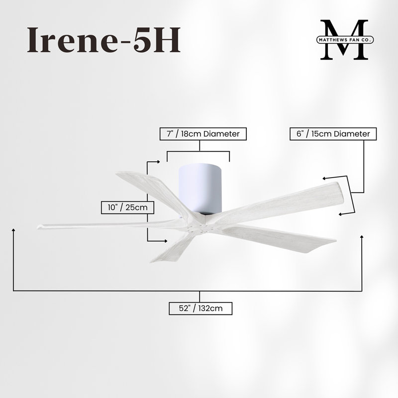 60" Irene 5-Blade Hugger Ceiling Fan with Wall Remote, Gloss White, Matte White, 52"