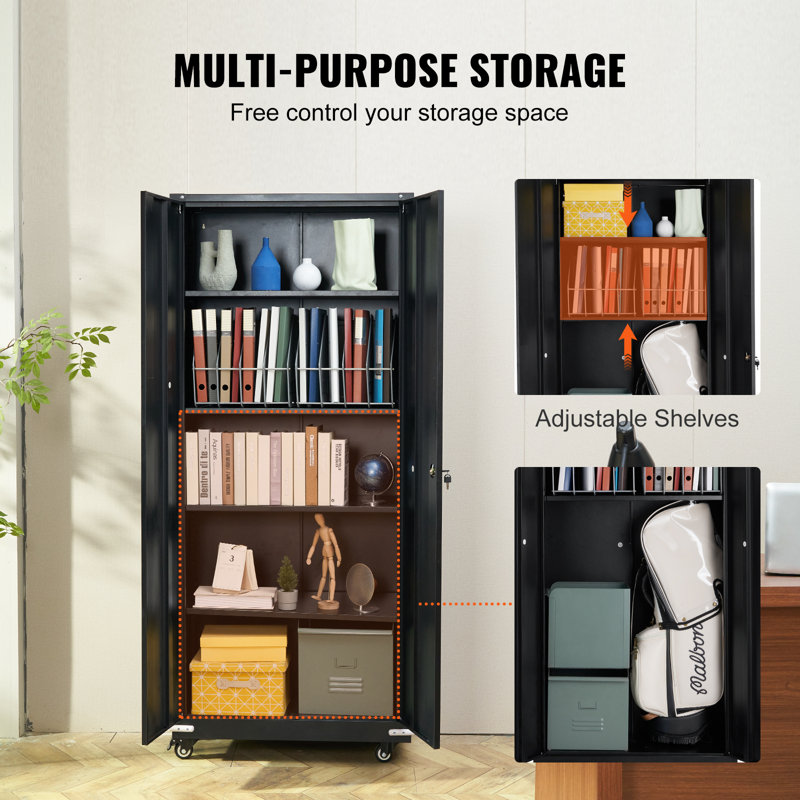Black Steel Office Cabinet with Adjustable Shelving and Lock