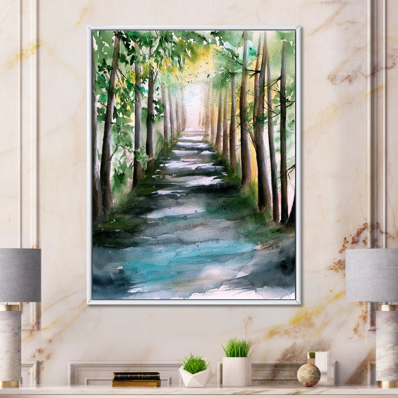 Une allée de forêt ensoleillée avec des ombres d'arbre - peinture sur toile, Toile à cadre flottant blanc, H 32 po x l 24 po