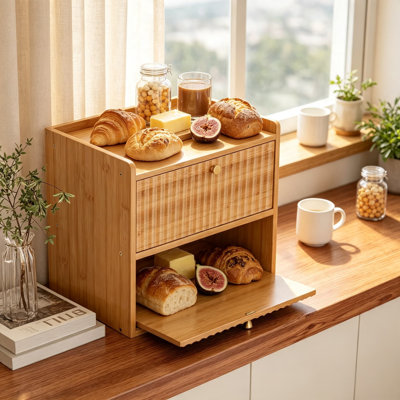 Rustic Bamboo Bread Box for Kitchen Countertop, Large Capacity Double Layer Bread Storage Container with Magnetic Door and Metal Handles, Farmhouse Food Organizer for Bread, Muffins, and More