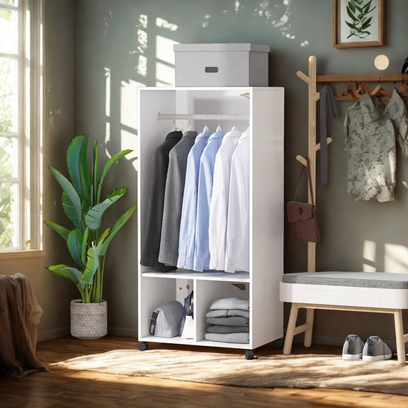 Open Wardrobe Clothes Rail With Storage Shelves on Wheels, White