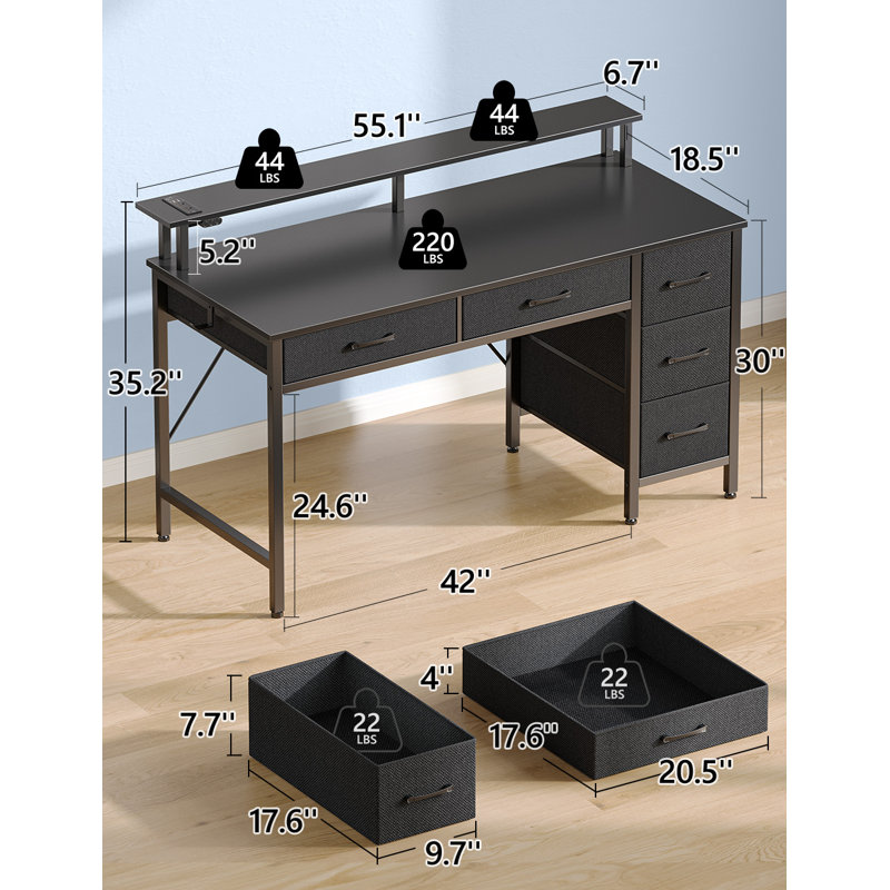 Linze Computer Desk w/ Monitor Shelf, RGB LED Lights, USB Ports & Drawers, 35.20"H x 55.10"W x 18.50"D, Black