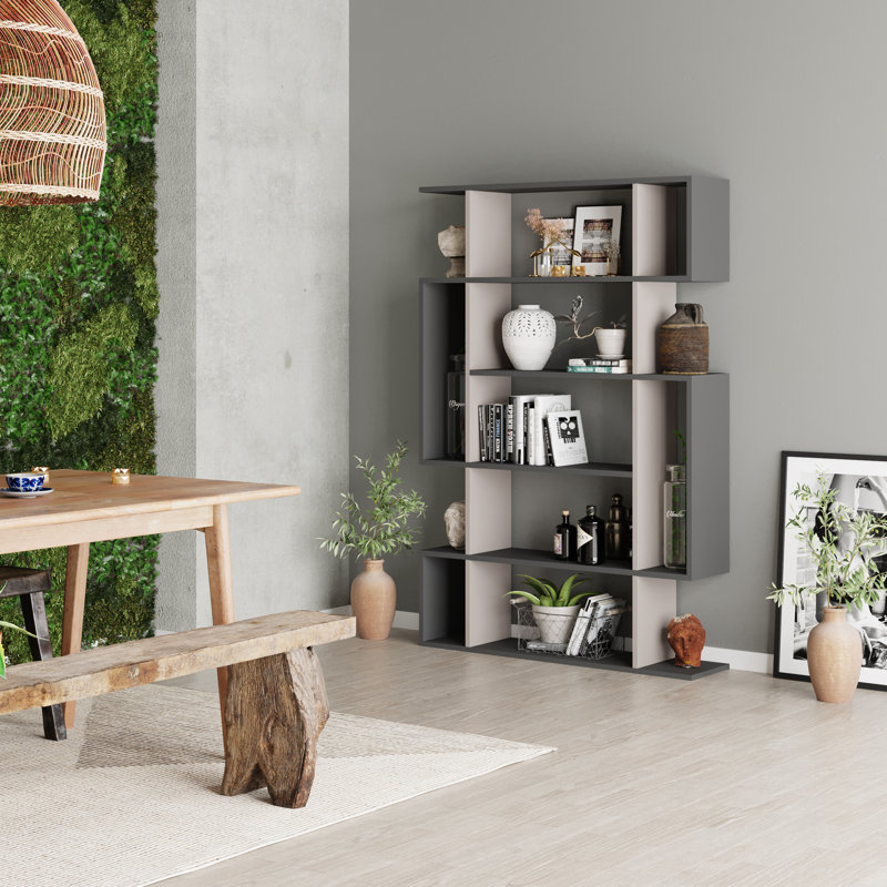 Mito 5 Tiers Wall Mounted Bookcase Modern Display Unit, Anthracite/Light Mocca