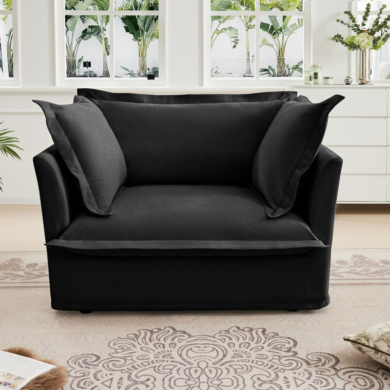Ensemble de salon modulaire Shetucket de 49 po avec 2 coussins moelleux Latitude Run, Black Chenille