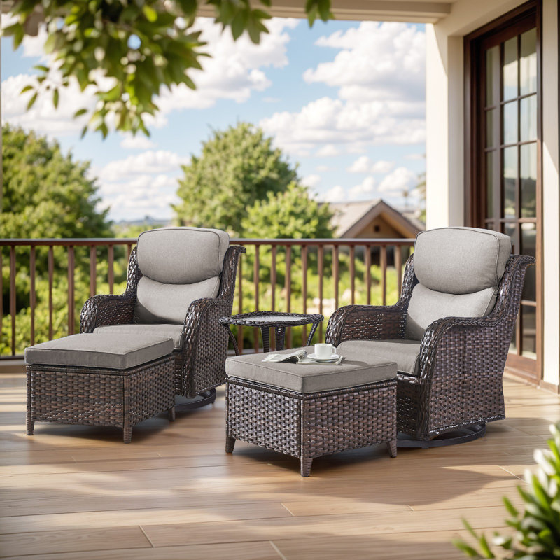 Smile 5-Pieces Outdoor Patio PE Wicker Conversation Set With 5" Thickness Cushions And Ottomans, Brown, Gray