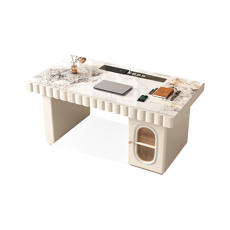 Bureau blanc rectangulaire en bois manufacturé avec 2 tiroirs, H 29,53 po x l 55,12 po x P 27,56 po