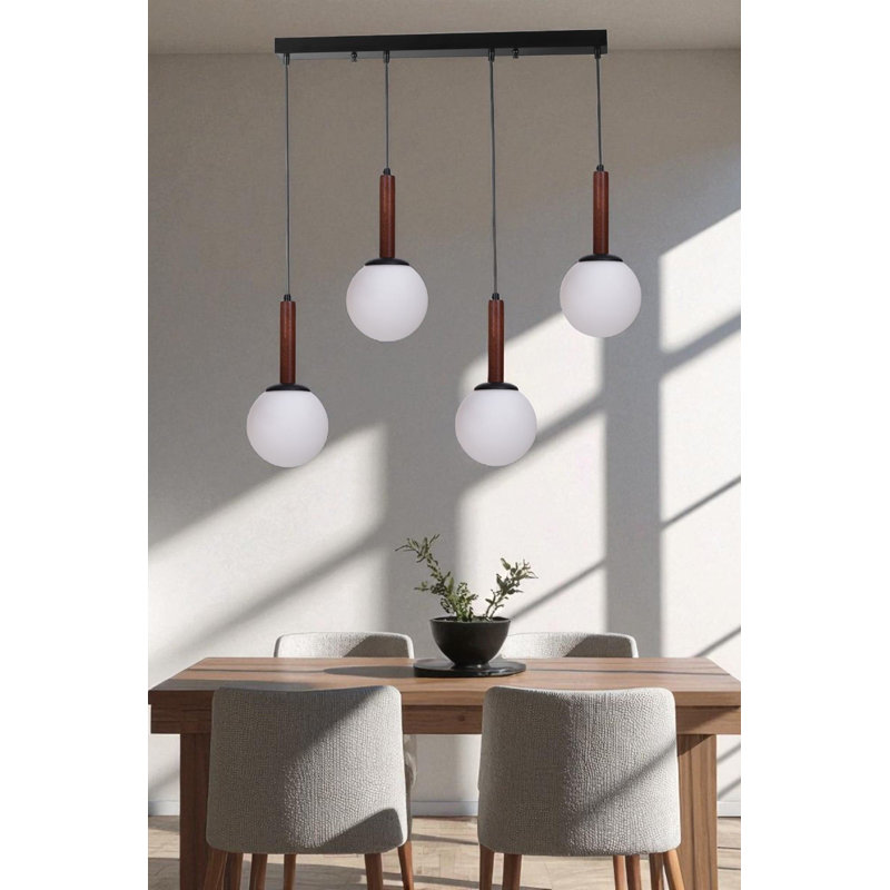 Lustre réglable élégant, structure en métal avec capuchon en verre, 15 x 5,9 pouces | Plaque de base 25,6 po x 2,4 po x 1,2 po | 4 ampoules E27 de 40 W maximum (ampoule non incluse) | Blanc moderne, finition noyer et noir | Parfait pour la salle à manger et le salon