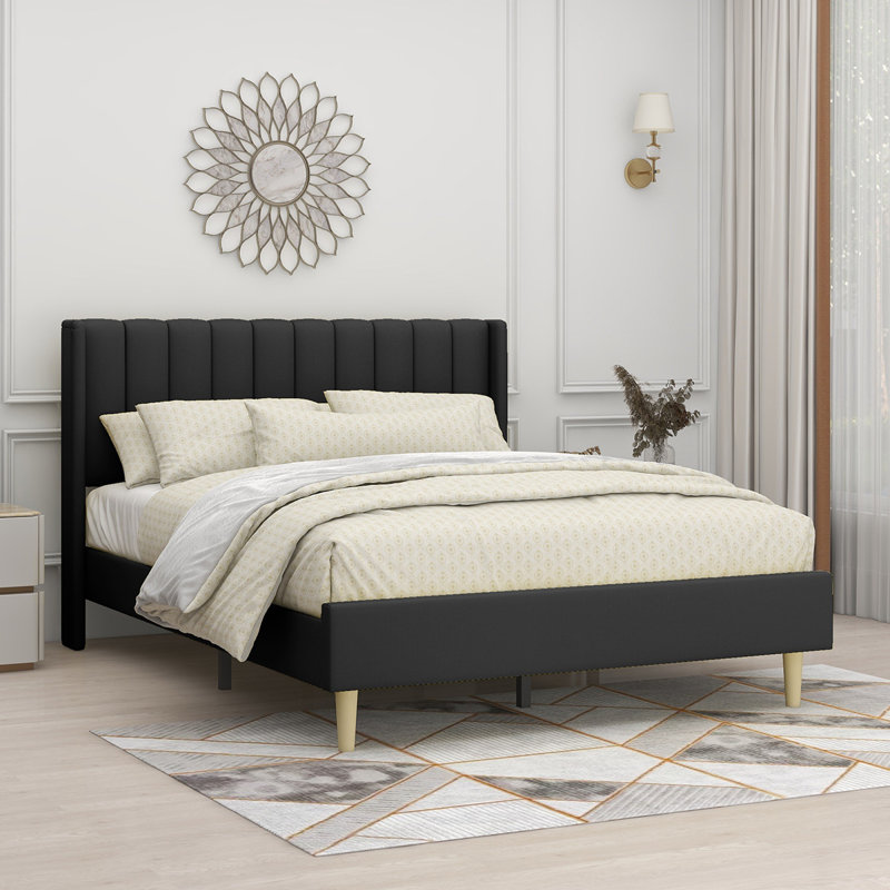 Eriksay Low Profile Upholstered Platform Bed with Wingback Headboard, Queen, Black Linen