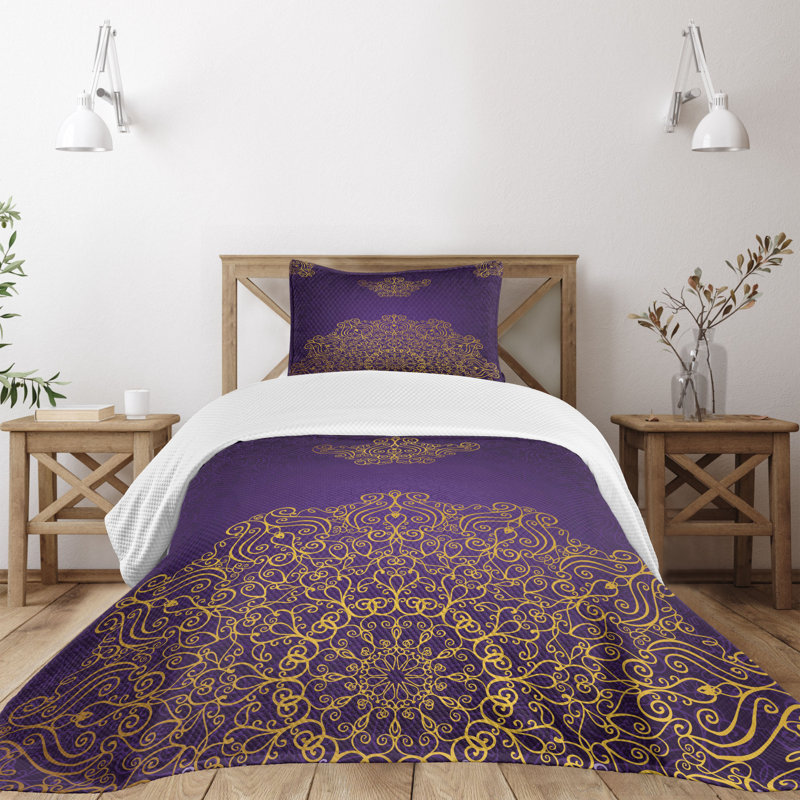 Twin Quilted Bedspread Set with Ornate Purple and Gold Motif