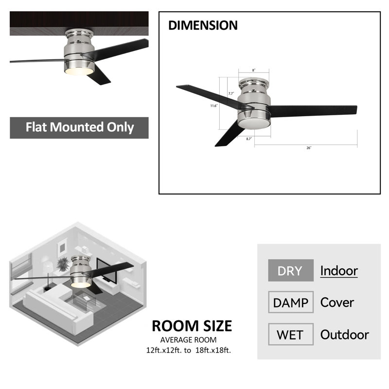 Ventilateur de plafond encastré intelligent de 52 pouces avec lumière DEL intégrée, commande murale