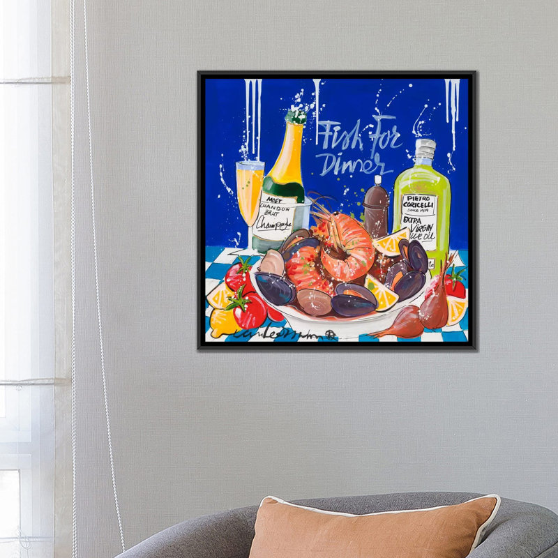«Fish For Dinner», reproduction d'impression sur toile, Toile avec cadre noir, Pas de tapis, H 18 po x l 18 po x P 1,5 po